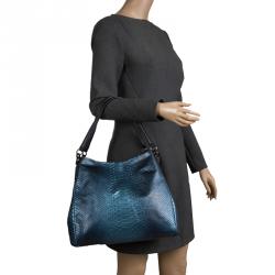Coach Navy Blue Iridescent Python Embossed Leather Tote