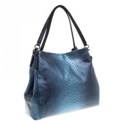 Coach Navy Blue Iridescent Python Embossed Leather Tote