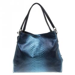 Coach Navy Blue Iridescent Python Embossed Leather Tote