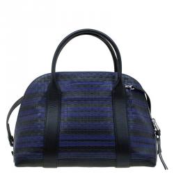 Pre Owned Coach Black/Blue Woven Embossed Leather Preston Satchel