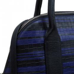 Pre Owned Coach Black/Blue Woven Embossed Leather Preston Satchel