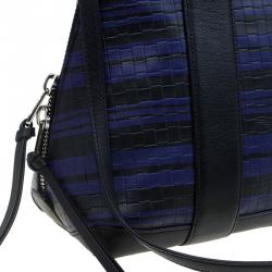 Pre Owned Coach Black/Blue Woven Embossed Leather Preston Satchel
