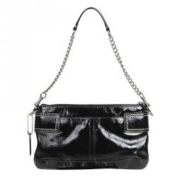 Pre Owned Coach Black Patent Leather Clutch With Silver Chain