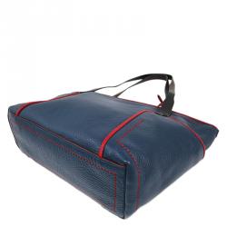 Pre Owned Cole Haan Red/Blue Pebbled Leather Tassel Shopper Tote