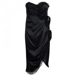 Pre Owned D&G Black Silk Embellished Fringed Scallop Lace Trim Detail Strapless Dress M