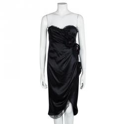 Pre Owned D&G Black Silk Embellished Fringed Scallop Lace Trim Detail Strapless Dress M