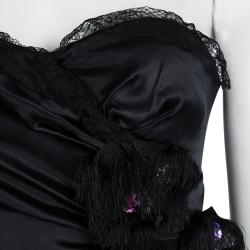 Pre Owned D&G Black Silk Embellished Fringed Scallop Lace Trim Detail Strapless Dress M