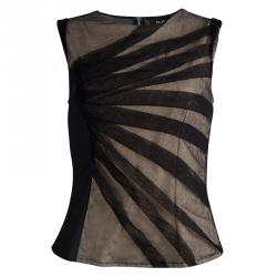 D&G Beige Contrast Mesh Overlay Ruched Sleeveless Top M