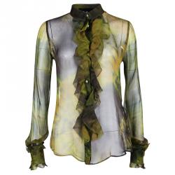 Pre Owned D&G Green Tie-Dye Printed Silk Ruffle Detail Blouse S
