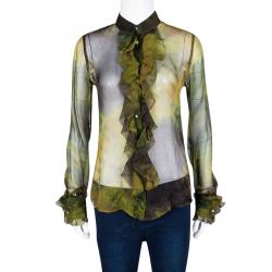 Pre Owned D&G Green Tie-Dye Printed Silk Ruffle Detail Blouse S