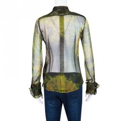 Pre Owned D&G Green Tie-Dye Printed Silk Ruffle Detail Blouse S