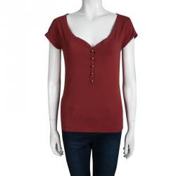Pre Owned D&G Red V-Neck Short Sleeve Button Detail Top M