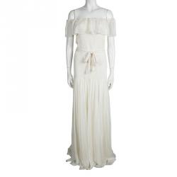 Pre Owned D & G Off White Silk Ruffle Detail Smocked Off Shoulder Maxi Dress M