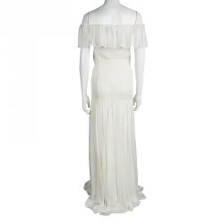 Pre Owned D & G Off White Silk Ruffle Detail Smocked Off Shoulder Maxi Dress M