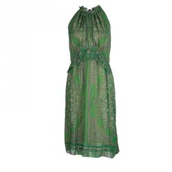 Derek Lam Green Printed Ruffle Detail Halter Dress S