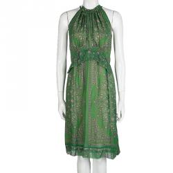 Derek Lam Green Printed Ruffle Detail Halter Dress S
