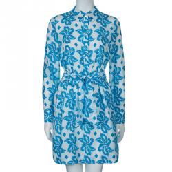 Pre Owned Diane Von Furstenberg White Blue Printed Taffy Dress S