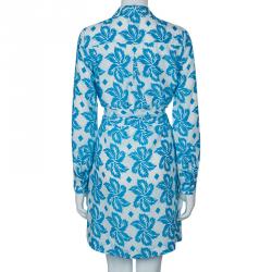 Pre Owned Diane Von Furstenberg White Blue Printed Taffy Dress S