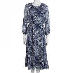 Pre Owned Diane Von Furstenberg Navy Blue Printed Parry Chiffon Long Sleeve Dress M