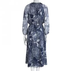 Pre Owned Diane Von Furstenberg Navy Blue Printed Parry Chiffon Long Sleeve Dress M