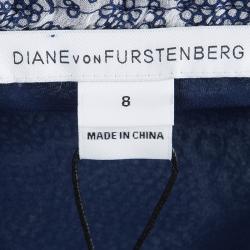 Pre Owned Diane Von Furstenberg Navy Blue Printed Parry Chiffon Long Sleeve Dress M