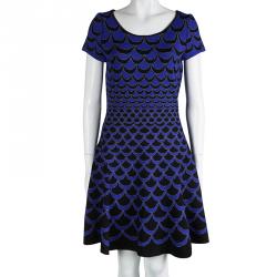 Pre Owned Diane Von Furstenberg Blue Knit Fish Scale Pattern Fit And Flare Alina Dress L