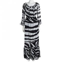 Pre Owned Diane Von Furstenberg Monochrome Zebra Printed Silk Simonia Gown S
