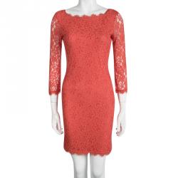 Pre Owned Diane Von Furstenberg Red Hot Coral Zarita Lace Dress S
