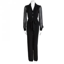 Diane Von Furstenberg Black Sheer Long Sleeve Belted Cathy Jumpsuit Two S