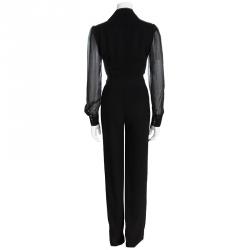 Diane Von Furstenberg Black Sheer Long Sleeve Belted Cathy Jumpsuit Two S