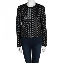 Pre Owned Diane Von Furstenberg Monochrome Jacquard Leather Trim Esther Jacket M