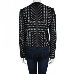 Pre Owned Diane Von Furstenberg Monochrome Jacquard Leather Trim Esther Jacket M