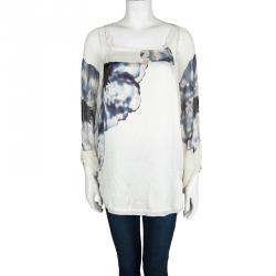 Pre Owned Diane Von Furstenberg Cream Poppy Print Silk Oversized Blouse XL