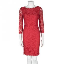 Pre Owned Diane Von Furstenberg Red Lace Long Sleeve Colleen Dress XS