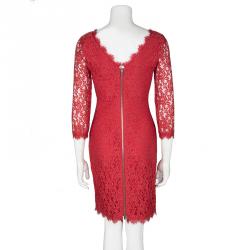 Pre Owned Diane Von Furstenberg Red Lace Long Sleeve Colleen Dress XS