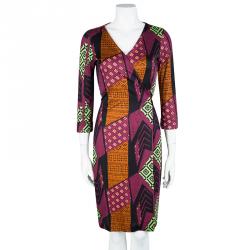 Pre Owned Diane Von Furstenberg Multicolor Printed Jersey New Julian Two Wrap Dress S
