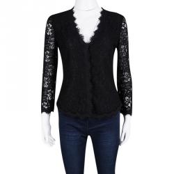 Pre Owned Diane Von Furstenberg Black Scalloped Lace Long Sleeve Bria Blouse S