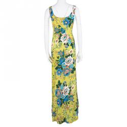 Pre Owned Diane Von Furstenberg Yellow Floral Printed Silk Sleeveless Maxi Dress XS