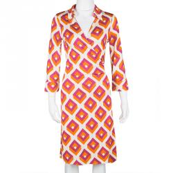 Pre Owned Diane Von Furstenberg Vintage Cube Printed Silk Jersey Justin Wrap Dress L