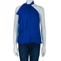 Pre Owned Diane von Furstenberg Blue Printed Keyhole Neck Baylie Silk Top S