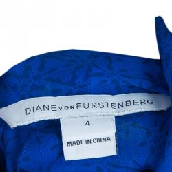 Pre Owned Diane von Furstenberg Blue Printed Keyhole Neck Baylie Silk Top S
