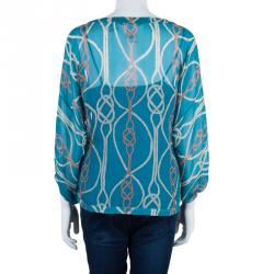 Pre Owned Diane von Furstenberg Blue Silk Peelo Top M