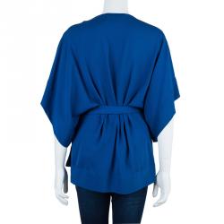 Pre Owned Diane Von Furstenberg Blue Silk Kallina Belted Top M