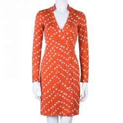 Pre Owned Diane von Furstenberg Tangerine Dotted New Jeanne Two Wrap Dress XS