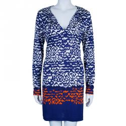 Pre Owned Diane von Furstenberg Blue Abstract Print Long Sleeve Reina Dress L
