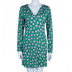 Pre Owned Diane von Furstenberg Leaf Print Long Sleeve Reina Dress L