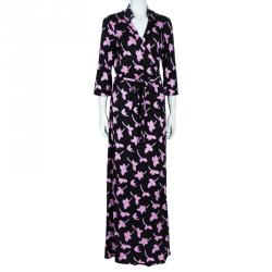 Pre Owned Diane von Furstenberg Black Printed Abigail Maxi Wrap Dress XL