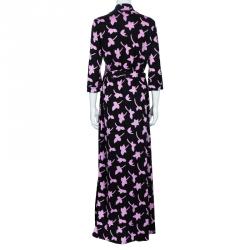 Pre Owned Diane von Furstenberg Black Printed Abigail Maxi Wrap Dress XL