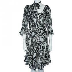 Pre Owned Diane von Furstenberg Monochrome Print Silk Alberta Dress M