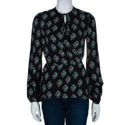 Pre Owned Diane Von Furstenberg Black Printed Nove Long Sleeve Top M